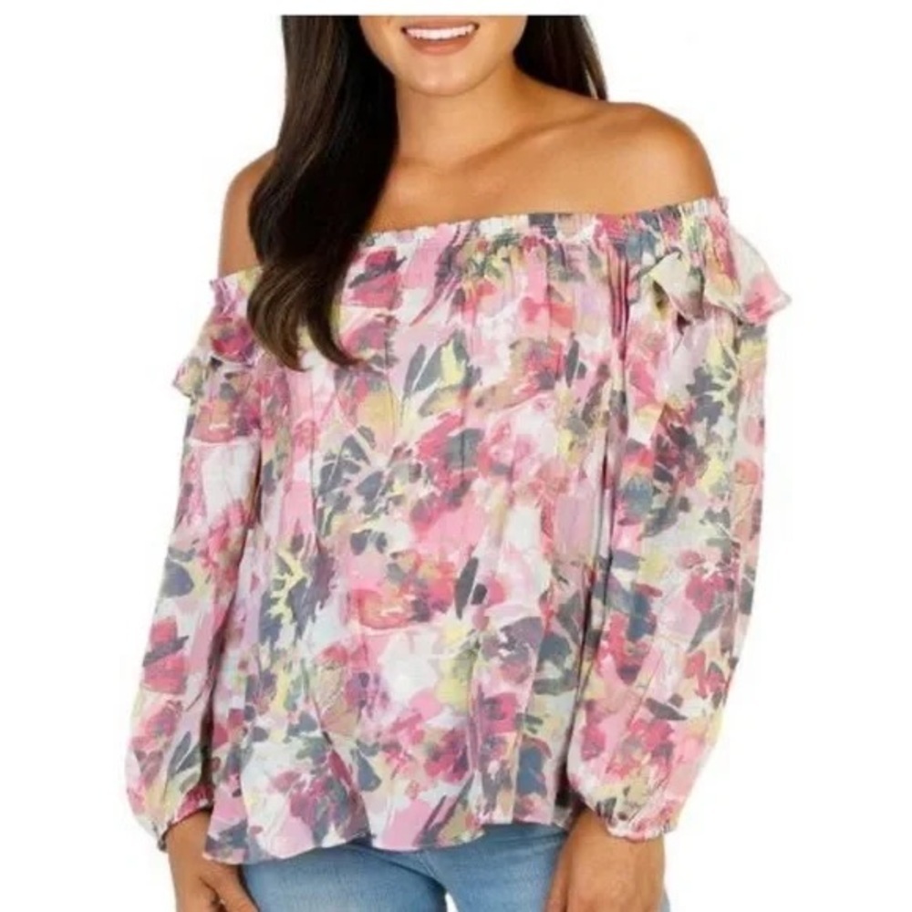 Zac& Rachel Floral Off Shoulder Blouse Size Large Pullover Lightweight